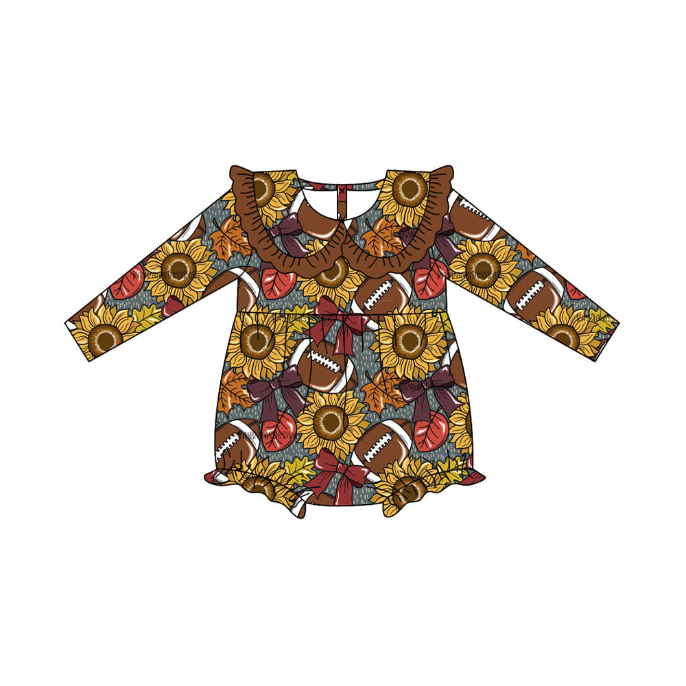 ( Moq 5 ) Preorder Baby Girl Long Sleeves Sunflowers Bows Football Bubble Fall Romper
