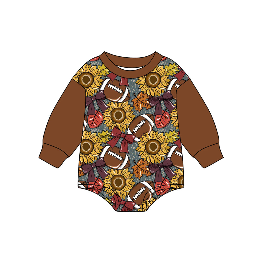 ( Moq 5 ) Preorder Baby Kids Infant Long Sleeves Sunflowers Bows Football Bubble Fall Romper