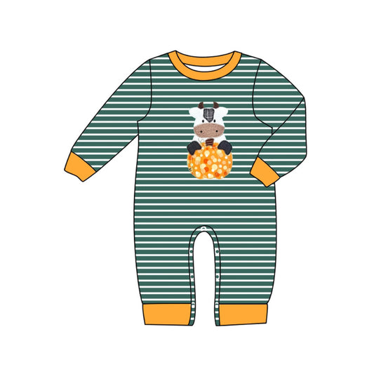 ( Moq 5 ) Preorder Baby Boy Long Sleeves Cow Pumpkin Green Stripes Fall Romper