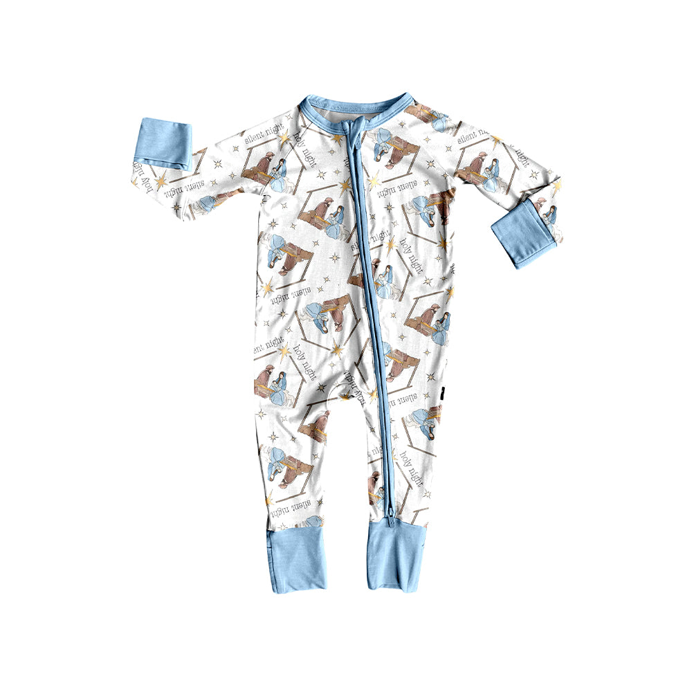 ( Moq 5 ) Preorder Baby Boy Long Sleeves Nativity Christmas Zipper Pajamas Blue Romper