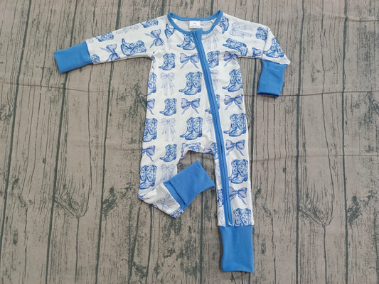 ( No moq ) Preorder Baby Girl Long Sleeves Blue Bows Boots Western Zipper Pajamas Romper