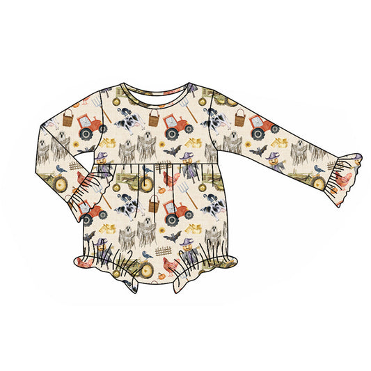 ( Moq 5 ) Preorder Baby Girl Long Sleeves Farm Animals Tracks Ghosts Pumpkins Halloween Fall Bubble Romper