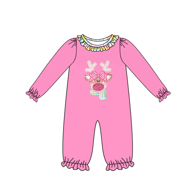 ( Moq 5 ) Preorder Baby Girl Long Sleeves Deer Christmas Ruffle Pink Romper