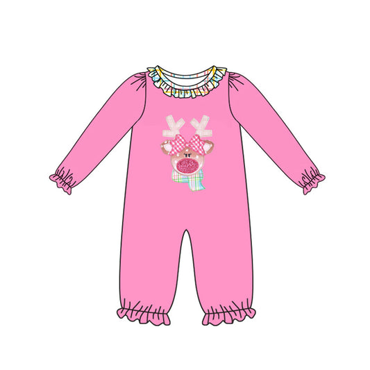 ( Moq 5 ) Preorder Baby Girl Long Sleeves Deer Christmas Ruffle Pink Romper