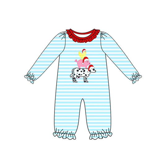 ( Moq 5 ) Preorder Baby Girl Long Sleeves Farm Animals Blue Stripes Christmas Ruffle Romper