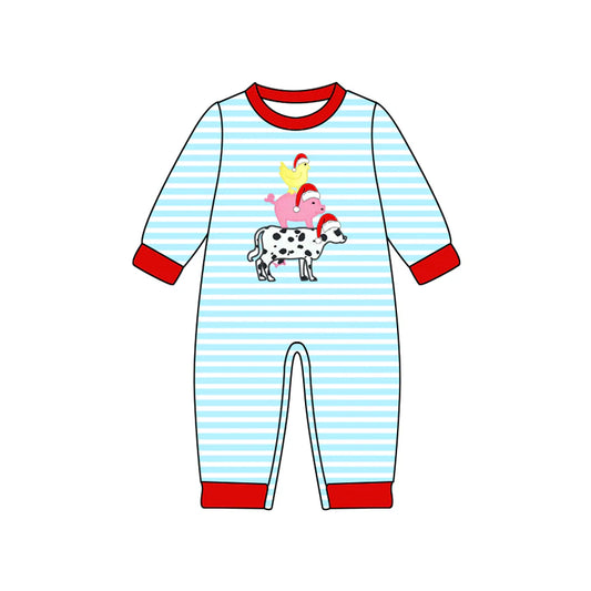 ( Moq 5 ) Preorder Baby Boy Long Sleeves Farm Animals Blue Stripes Christmas Romper