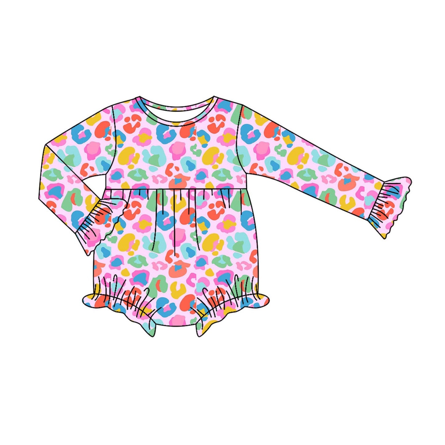 ( Moq 5 ) Preorder Baby Girl Long Sleeves Colorful Leopard Ruffle Bubble Romper