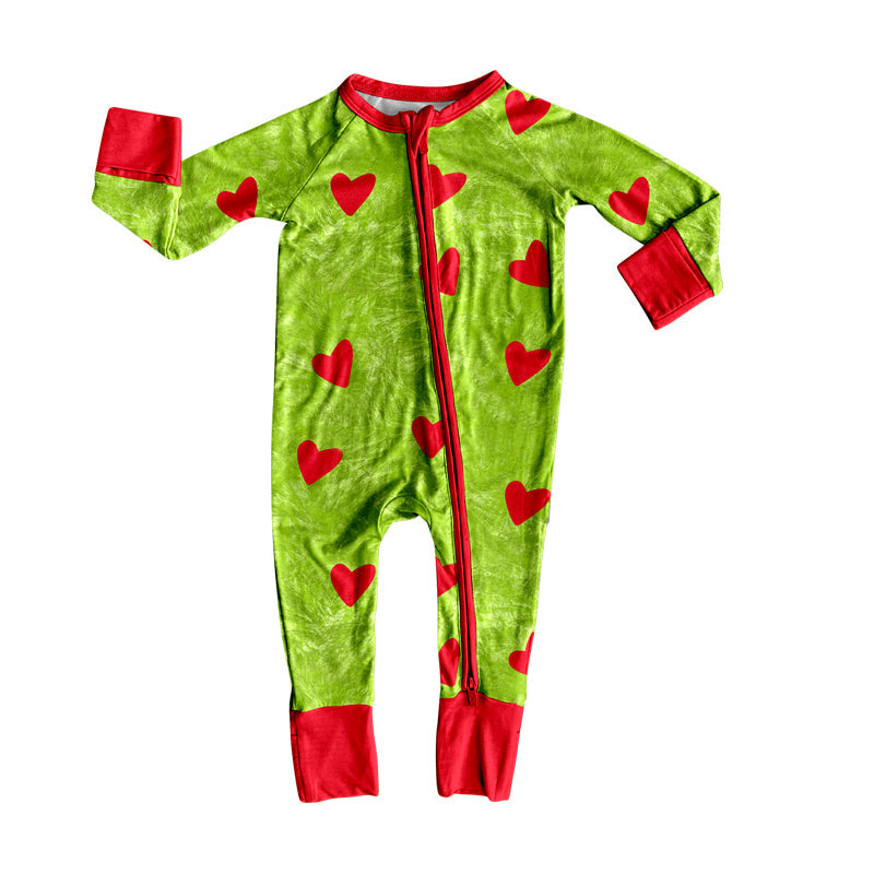 ( Moq 5 ) Preorder Baby Kids Infant Long Sleeves Hearts Christmas Zipper Green Romper