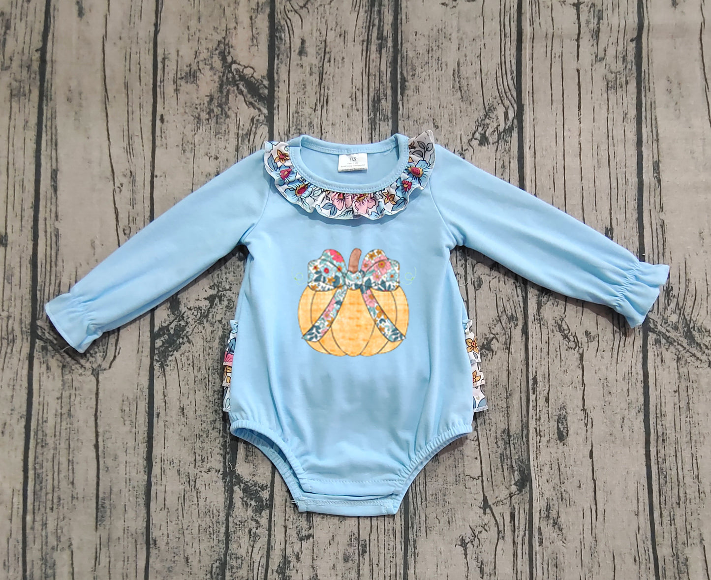 ( No moq ) Preorder Baby Girl Blue Long Sleeves Floral Embroidery Bow Pumpkin Ruffle Bubble Fall Romper