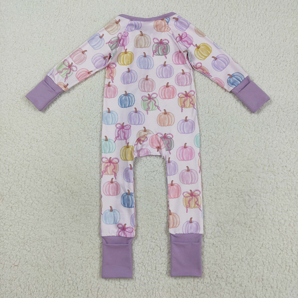 Baby Girl Long Sleeves Bows Pumpkins Sibling Thanksgiving Pajamas Zipper Romper Set RTS