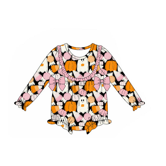 ( Moq 5 ) Preorder Baby Girl Long Sleeves Halloween Pumpkins Ghosts Bows Bubble Romper