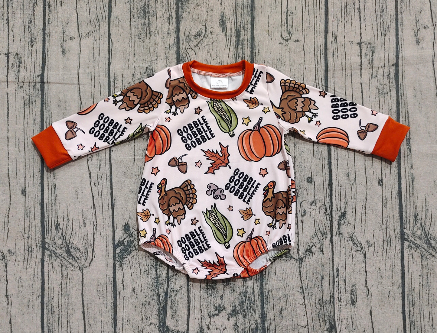 Baby Boy Long Sleeves turkey Pumpkins Thanksgiving Fall Bubble Romper RTS