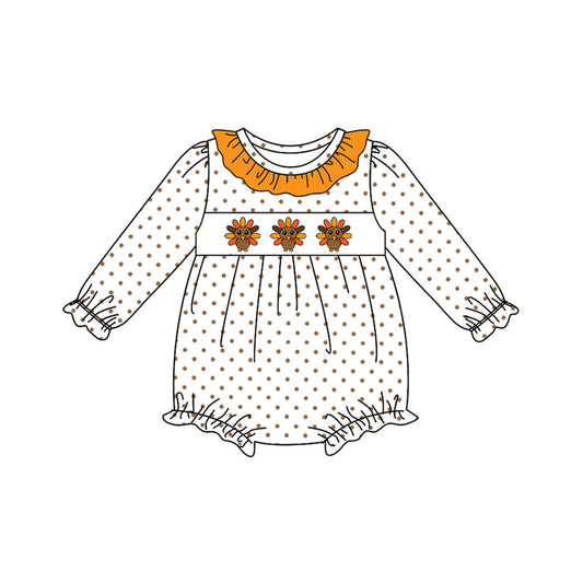 ( Moq 5 ) Preorder Baby Girl Infant Long Sleeves turkey Dots Thanksgiving Bubble Romper