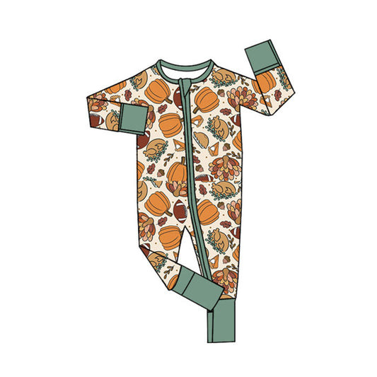 ( Moq 5 ) Preorder Baby Boy Long Sleeves turkey Pumpkins Thanksgiving Zipper Romper