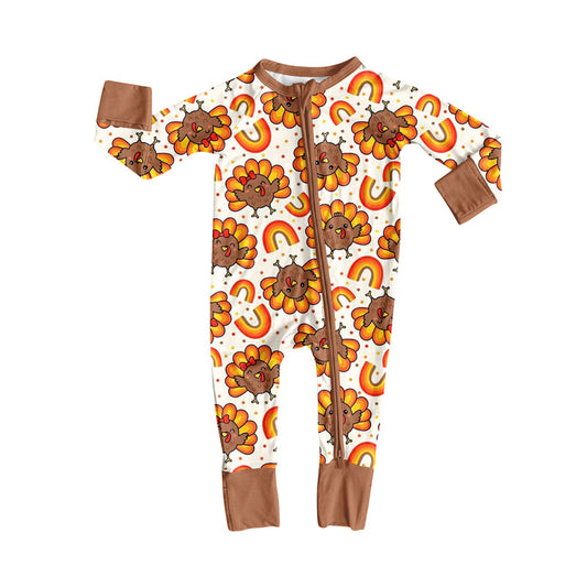 ( Moq 5 ) Preorder Baby Girl Long Sleeves turkey Rainbow Thanksgiving Zipper Romper