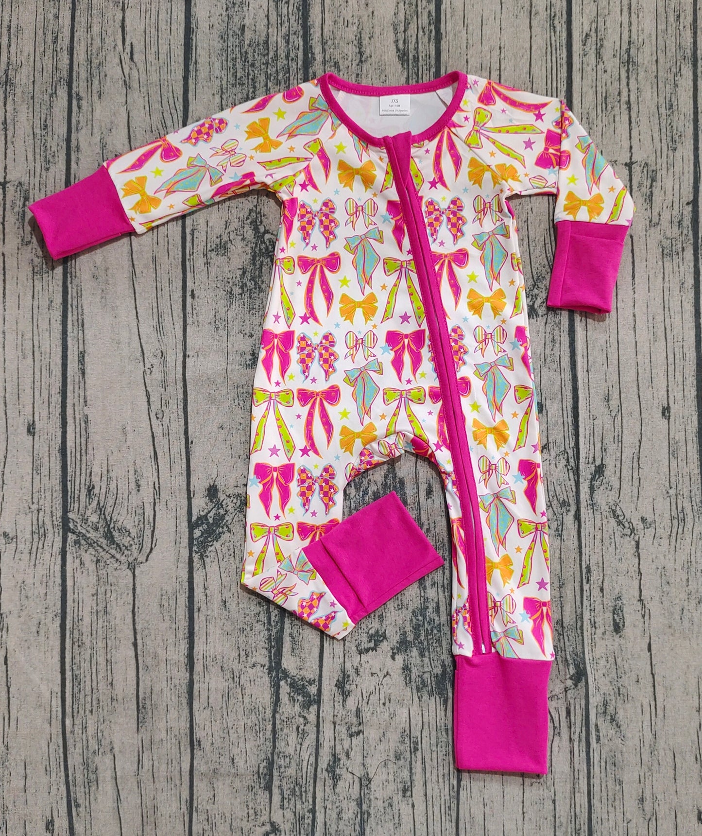 Girls Kids Long Sleeves Colorful Bows Pink Zipper Romper RTS
