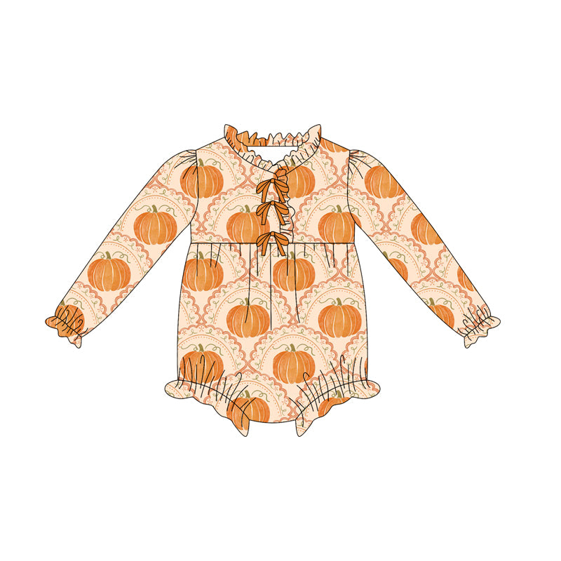 ( Moq 5 ) Preorder Baby Girl Toddler Long Sleeves Pumpkins Bows Thanksgiving Fall Romper