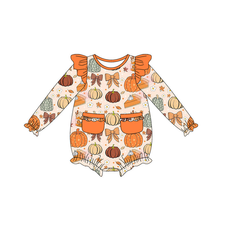 ( Moq 5 ) Preorder Baby Girl Long Sleeves Pumpkins Bows Flower Pockets Ruffle Bubble Romper
