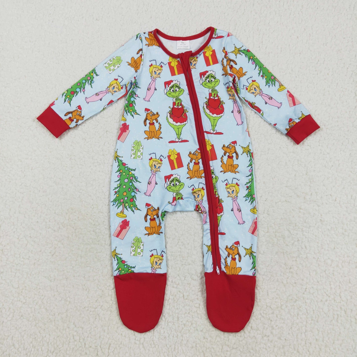 Boys Girls Kids Green Face Christmas Zipper Footie Romper Pajamas Set Sibling Clothes RTS