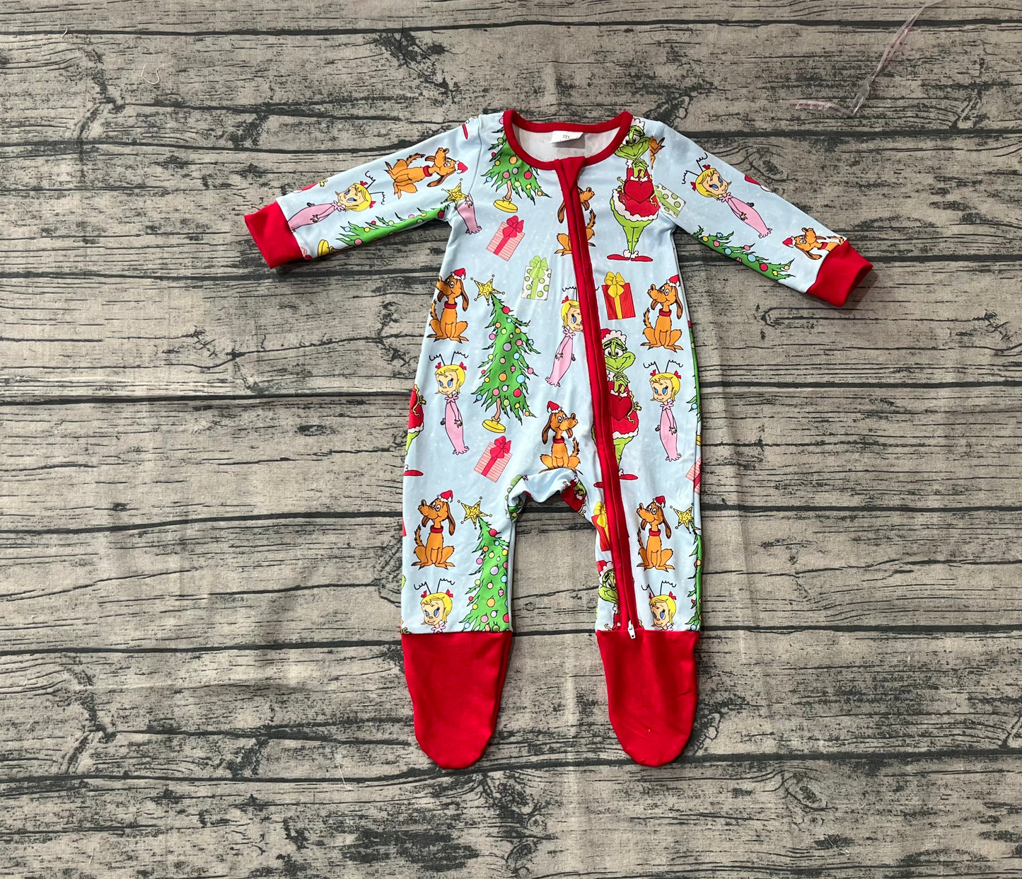 Baby Kids Infant Long Sleeves Dogs Green Face Christmas Zipper Sleepwear Romper RTS