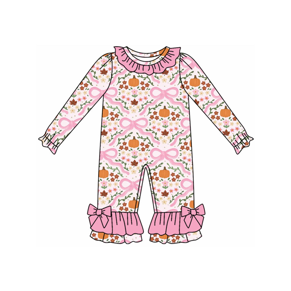 ( Moq 5 ) Preorder Baby Girl Long Sleeves Pumpkins Flower Bows Ruffle Fall Romper