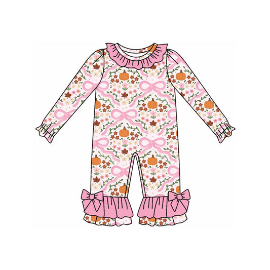( Moq 5 ) Preorder Baby Girl Long Sleeves Pumpkins Flower Bows Ruffle Fall Romper