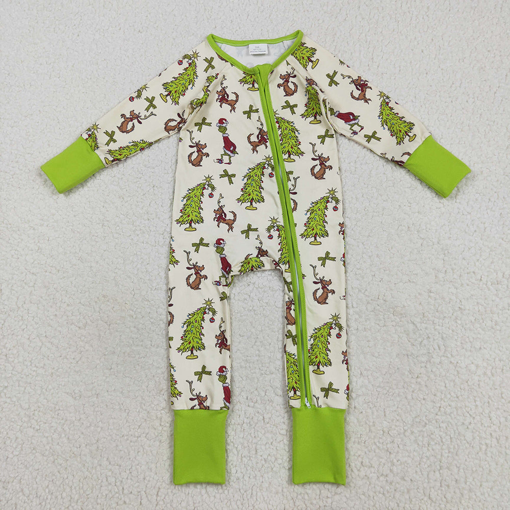 Baby Boy Long Sleeves Green Face Dogs Tree Christmas Sibling Pajamas Footie Romper Set RTS