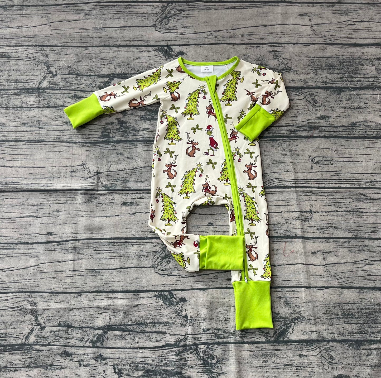 Baby Boy Infant Long Sleeves Dogs Green Face Christmas Zipper Romper RTS