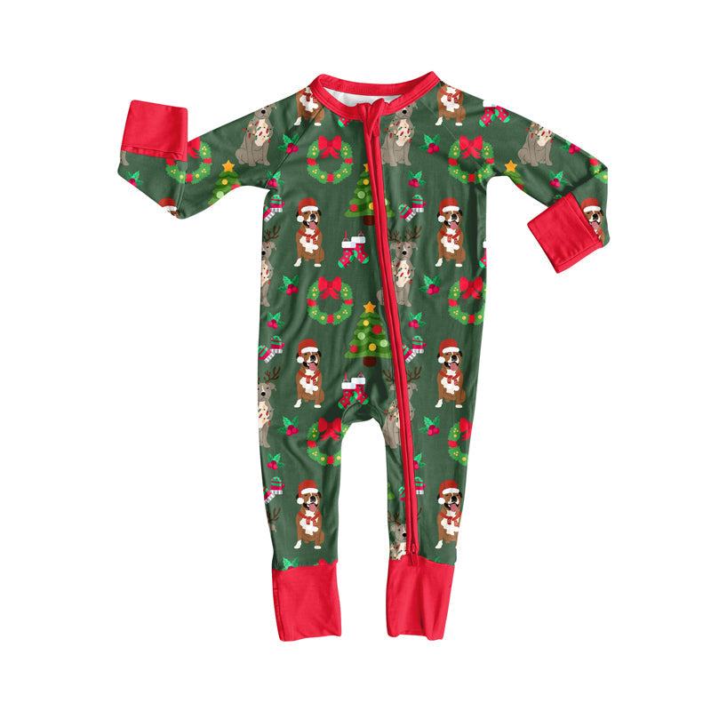 ( Moq 5 ) Preorder Baby Girl Long Sleeves Holly Bows Dogs Christmas Zipper Romper