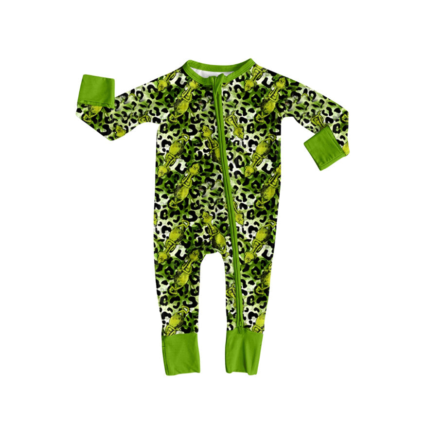 ( Moq 5 ) Preorder Baby Girl Long Sleeves Green Face Leopard Christmas Zipper Romper