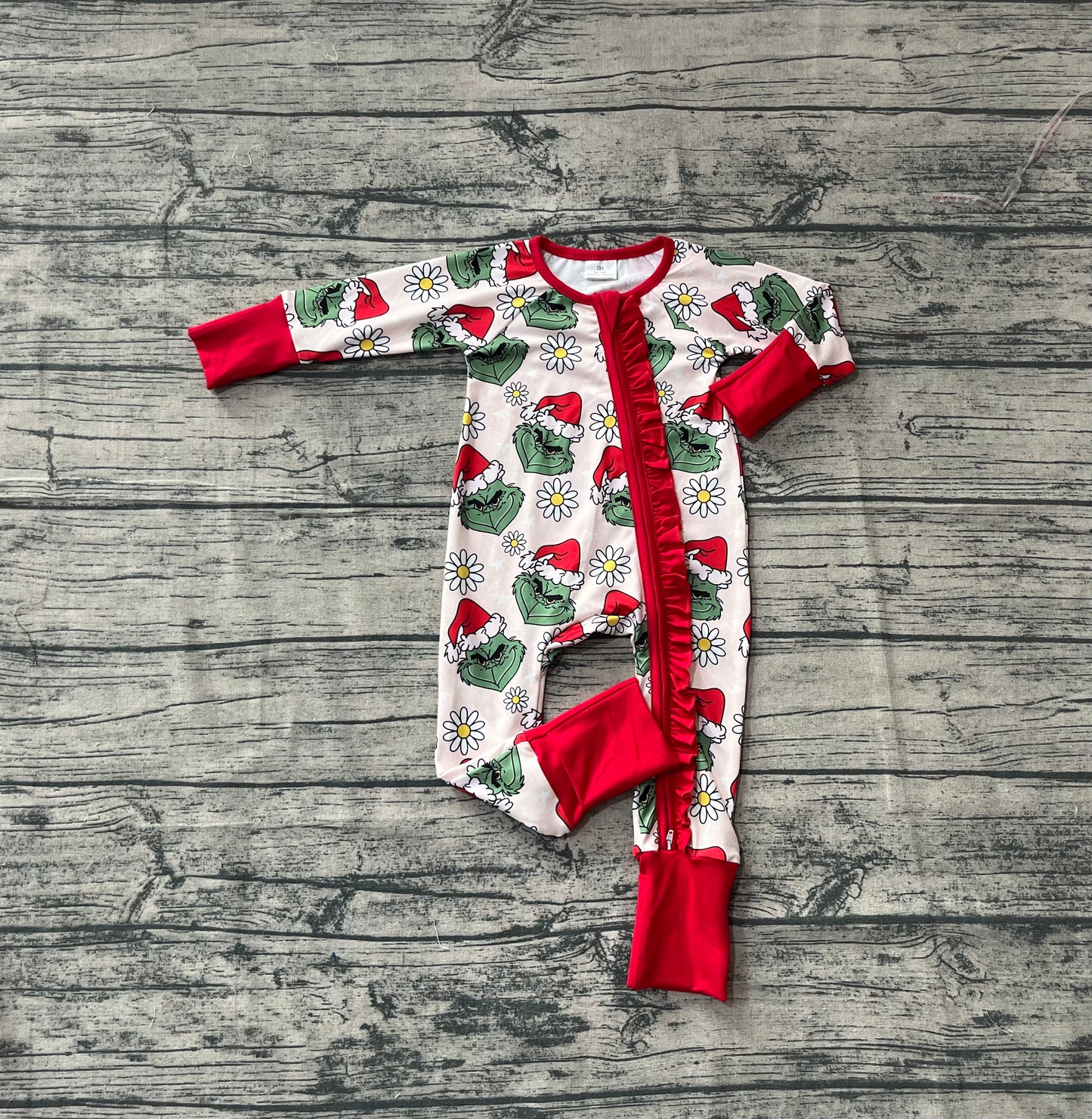 Baby Girl Long Sleeves Green Face Flower Christmas Red Zipper Romper RTS