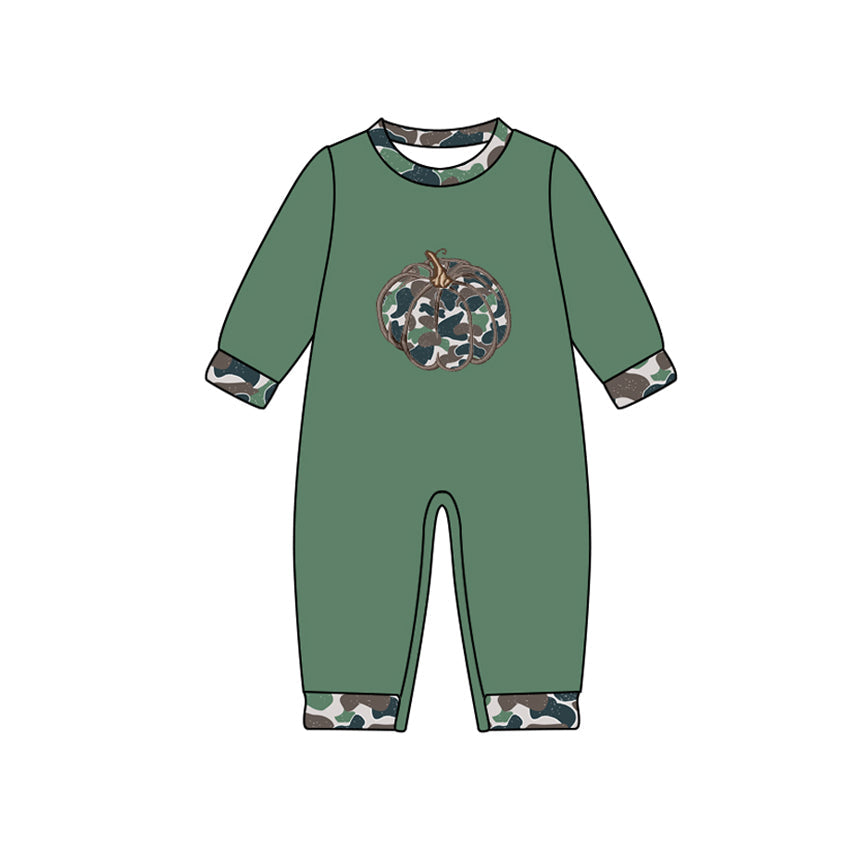 ( Moq 5 ) Preorder Baby Boy Infant Green Long Sleeves Camo Pumpkin Fall Romper