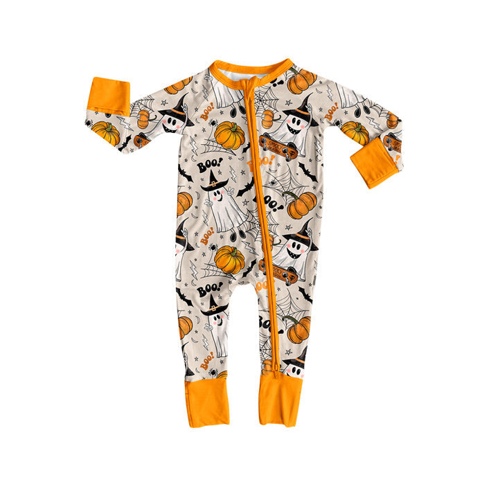 ( Moq 5 ) Preorder Baby Boy Long Sleeves Bats Pumpkins Ghost Boo Halloween Zipper Romper