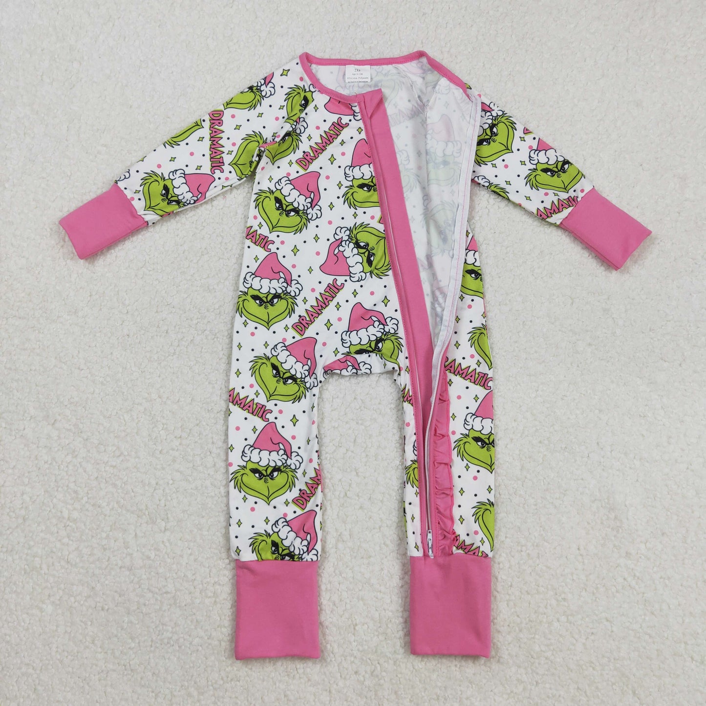 Girls Kids Green Face Pink Ruffle Zipper Footie Romper Pajamas Set Sibling Christmas Clothes RTS