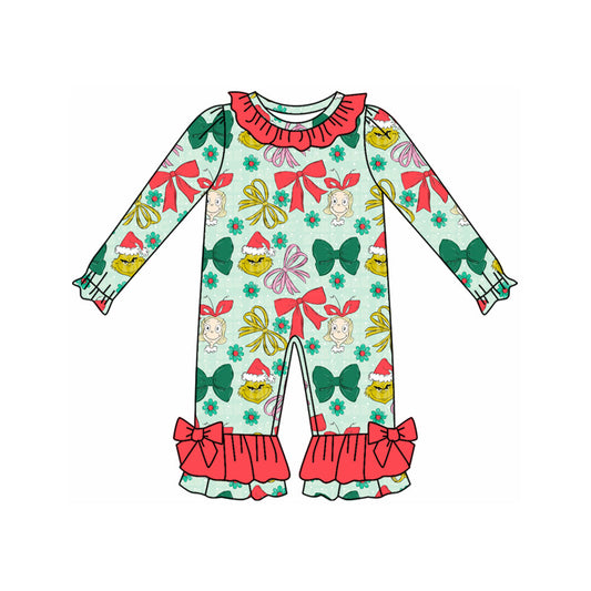 ( Moq 5 ) Preorder Baby Girl Long Sleeves Green Face Bows Flower Christmas Ruffle Romper