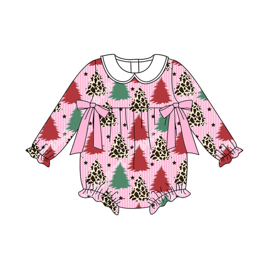 ( Moq 5 ) Preorder Baby Girl Long Sleeves Tree Christmas Pink Bubble Romper