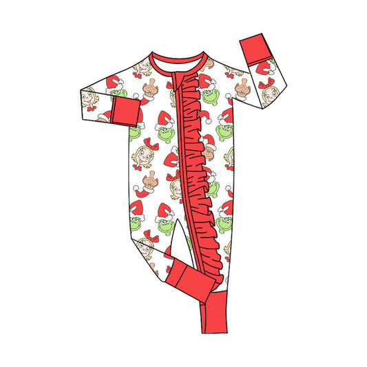 ( Moq 5 ) Preorder Baby Girl Long Sleeves Green Face Christmas Red Zipper Romper