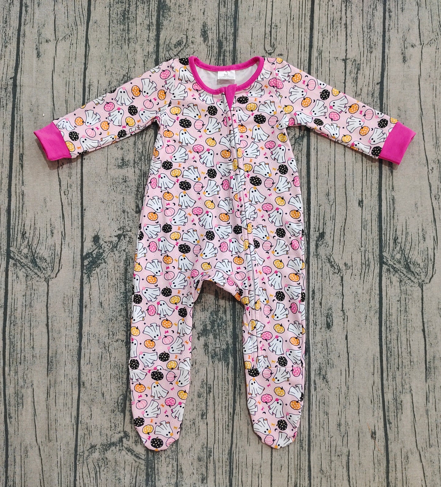 Baby Girl Long Sleeves Halloween Ghost Pumpkins Halloween Pink Zipper Romper RTS