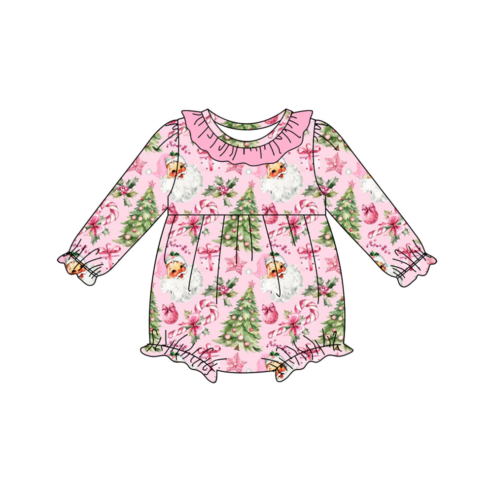 ( Moq 5 ) Preorder Baby Girl Long Sleeves Santa Candy Cane Christmas Pink Ruffe Bubble Romper
