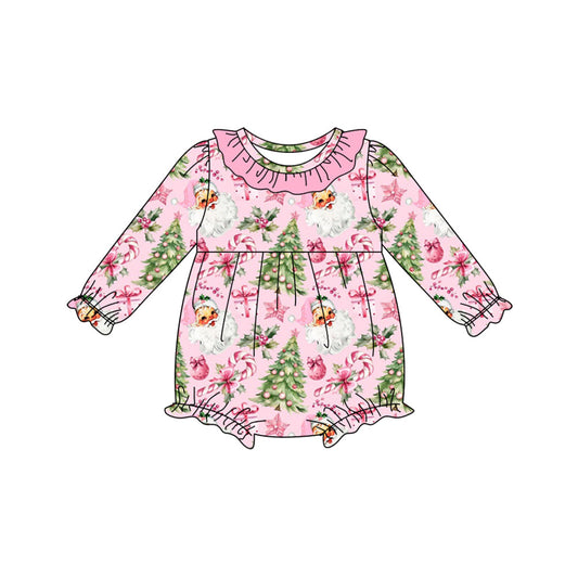 ( Moq 5 ) Preorder Baby Girl Long Sleeves Santa Candy Cane Christmas Pink Ruffe Bubble Romper