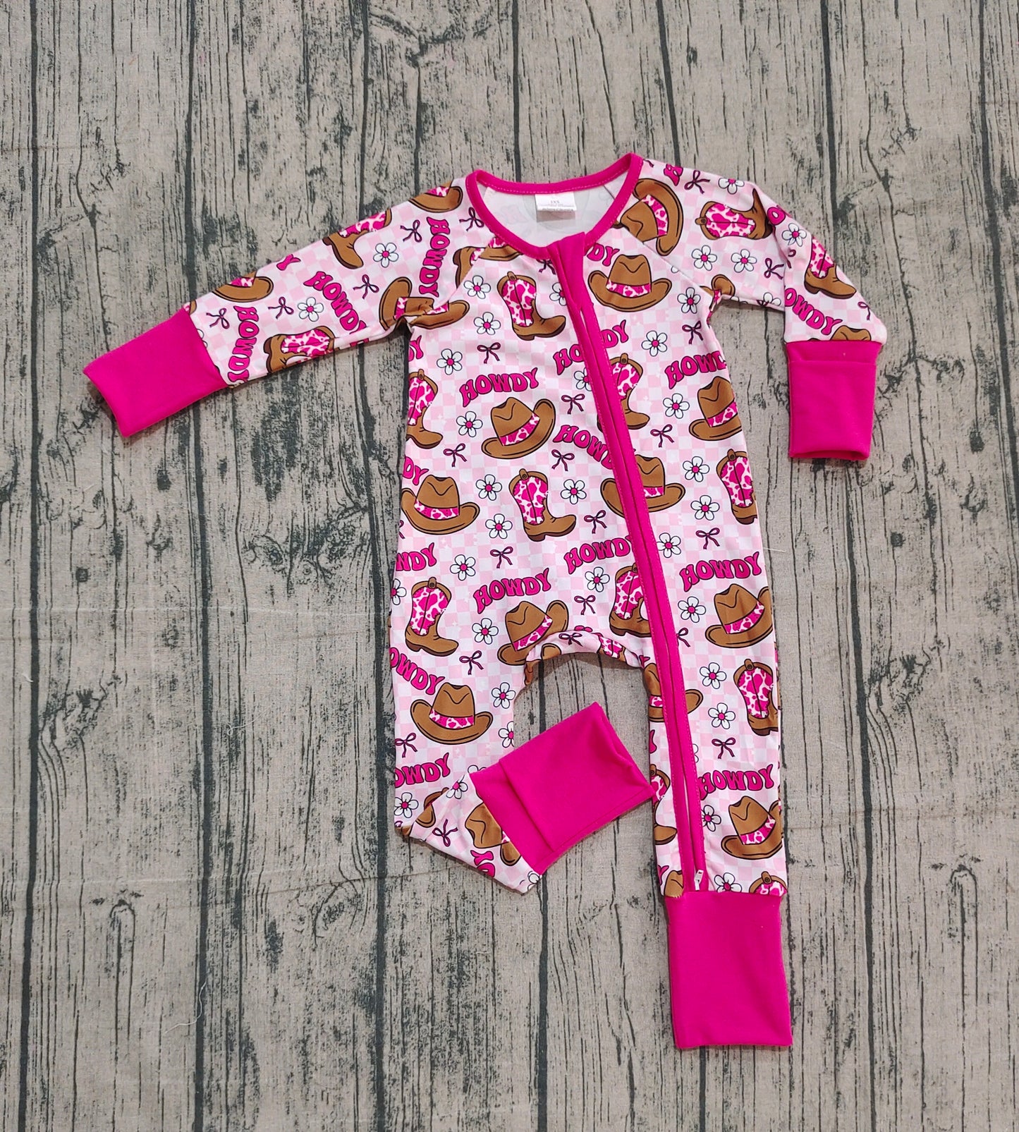 ( No moq ) Preorder Baby Girl Long Sleeves Western Howdy Boots Flower Bows Zipper Romper