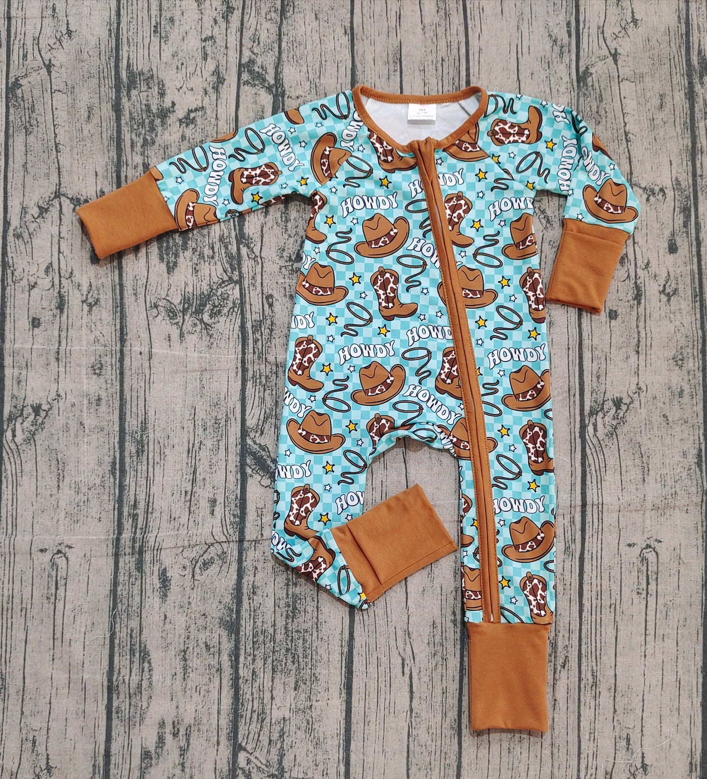 Baby Boy Long Sleeves Western Howdy Boots Hats Zipper Romper RTS