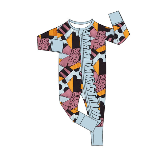 ( Moq 5 ) Preorder Baby Girl Long Sleeves Halloween Blue Ruffle Zipper Romper