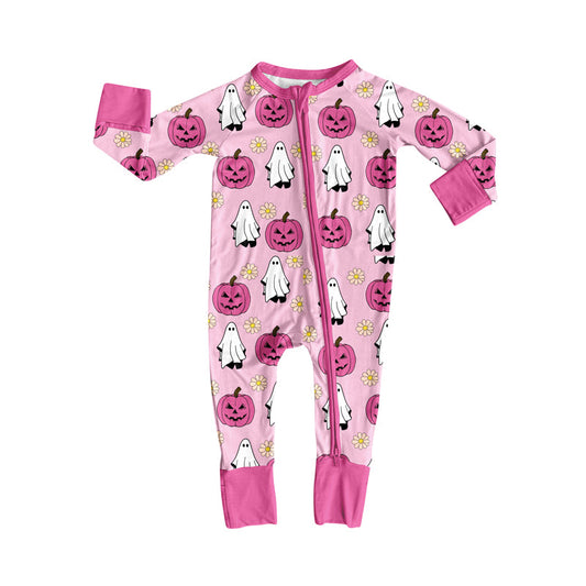 ( Moq 5 ) Preorder Baby Girl Long Sleeves Pumpkins Ghost Flower Halloween Pink Zipper Romper