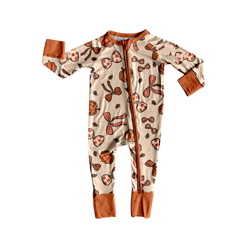 ( Moq 5 ) Preorder Baby Girl Infant Long Sleeves Pumpkins Bows Fall Zipper Romper