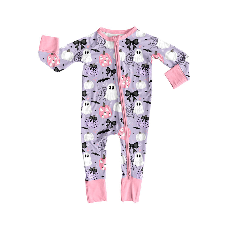 ( Moq 5 ) Preorder Baby Girl Long Sleeves Ghost Pumpkins Bows Halloween Zipper Romper