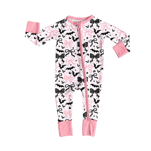 ( Moq 5 ) Preorder Baby Girl Long Sleeves Bats Bows Halloween Pink Zipper Pajamas Romper