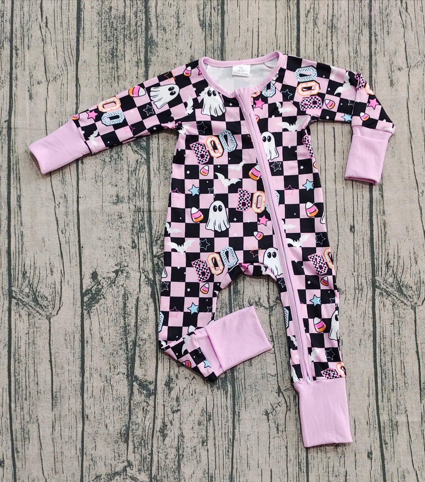 Baby Girl Long Sleeves Ghost Candy Plaid Halloween Purple Zipper Romper RTS