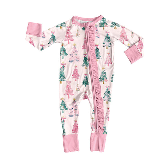 ( Moq 5 ) Preorder Baby Girl Long Sleeves Christmas Trees Bows Pink Ruffle Zipper Romper