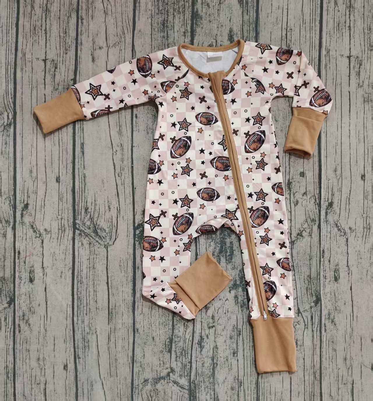 Baby Boy Long Sleeves Football Stars Plaid Zipper Pajamas Romper RTS